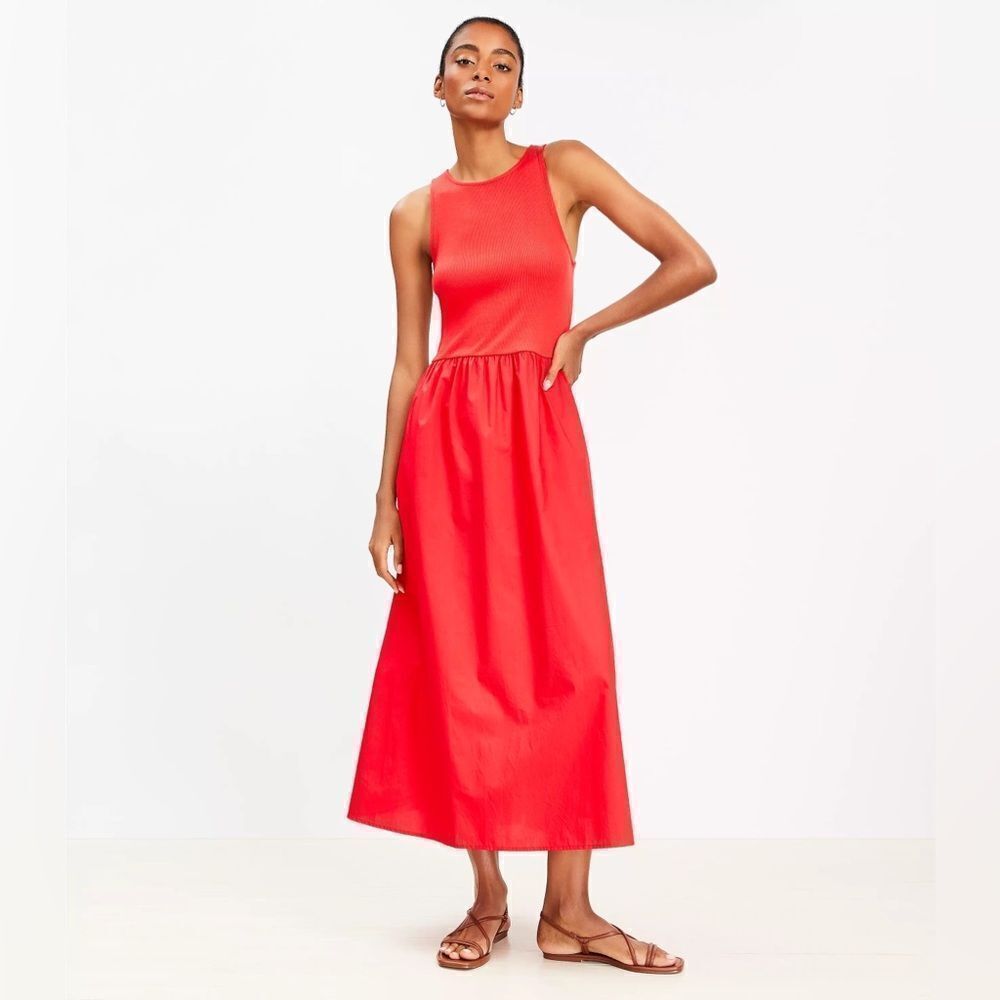 Loft Poplin Mixed Media Midi Pocket Dress